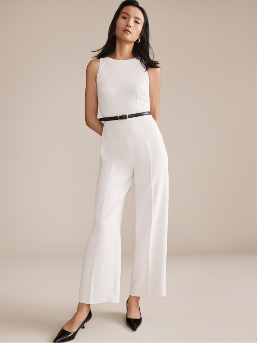 Ann Taylor Cream Sleeveless Belted Jumpsuit